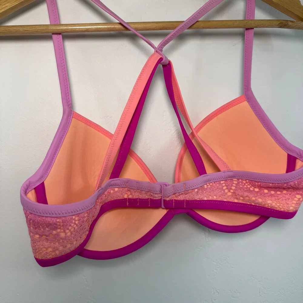Victoria's Secret Fabulous Bikini Top‎ 34D Pink Ombre Lace Strappy Swim Barbie
